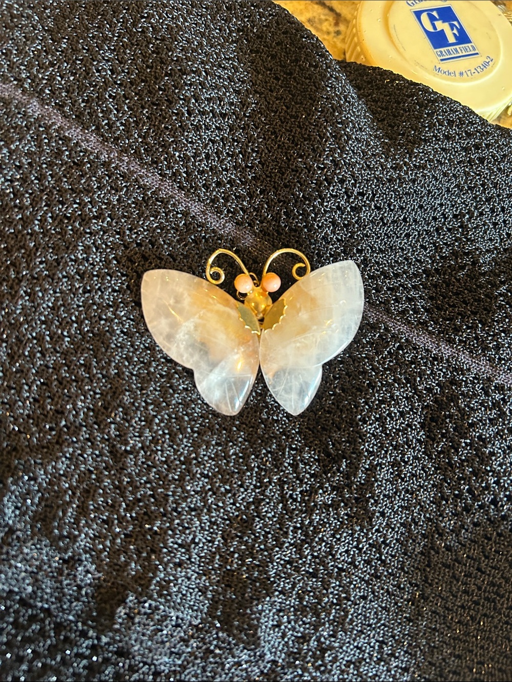 1960’s Butterfly Rose Quartz Brooch with Gold Tone & Coral Accents